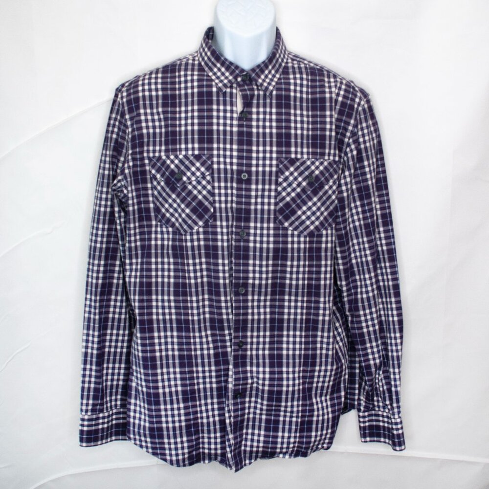 Banana Republic Plaid Button Down Shirt Mens L Large 16 Purple Long Sleeve LL09